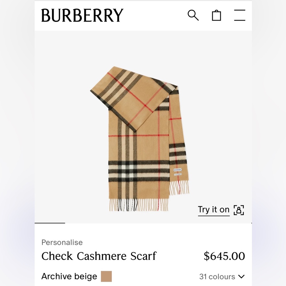 NWT Burberry Archive Beige Check Cashmere Scarf